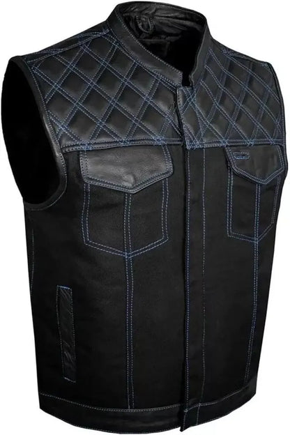 Black quilted leather vest with blue stitching on a white background