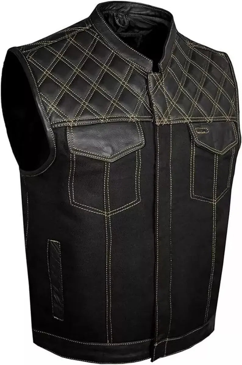 Black leather vest with quilted design on a white background