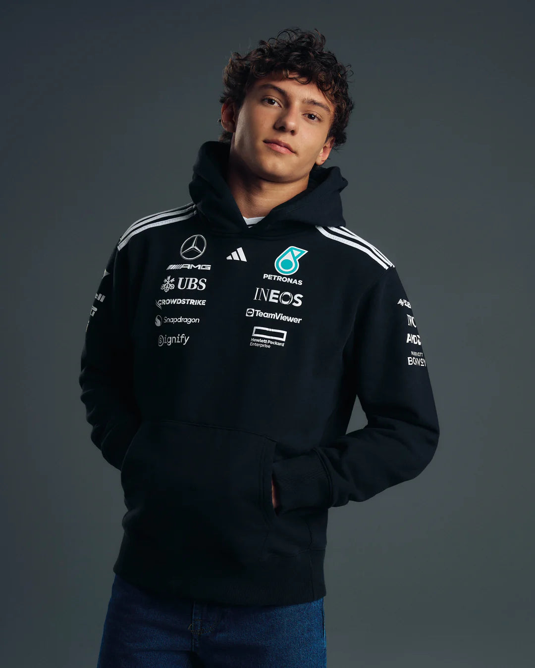 Mercedes-AMG Petronas F1 Team men's 2025 hoodie in black with official team logos