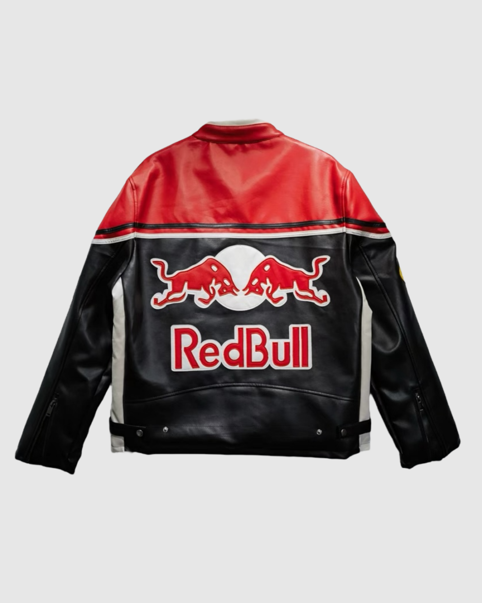 Red Bull branded leather jacket on a gray background