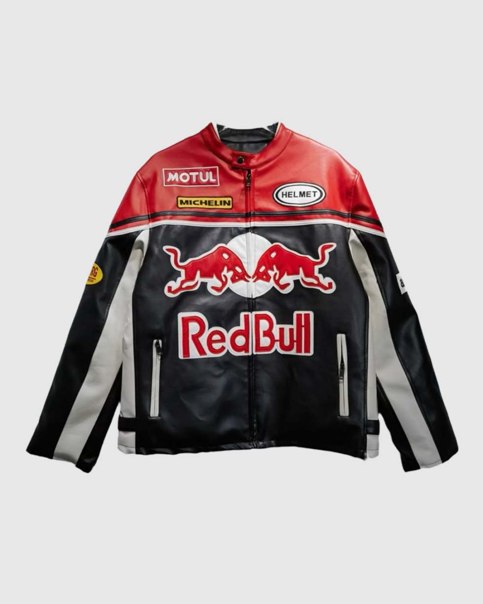 Red Bull racing jacket with multiple brand logos on a gray background
