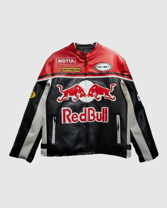 Red Bull racing jacket with multiple brand logos on a gray background