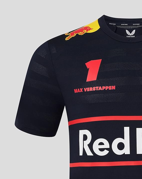 Black sports jersey with Red Bull logo and branding on a gray background