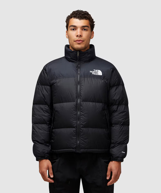 Person wearing a black puffer jacket with The North Face logo on a light gray background