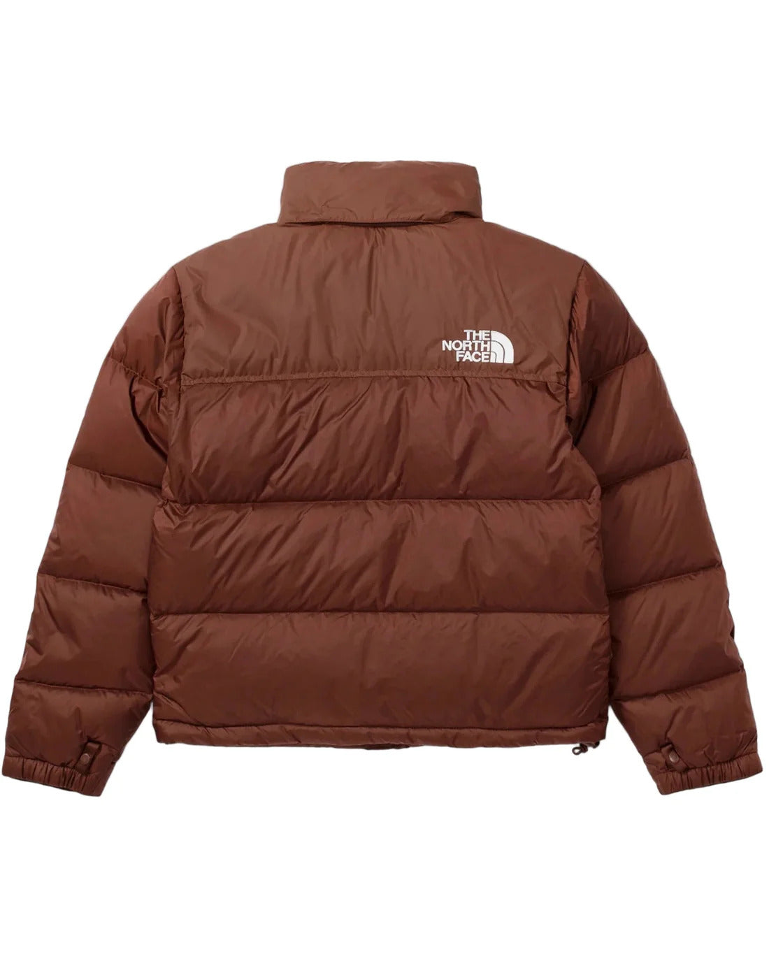 Brown puffer jacket with The North Face logo on a white background