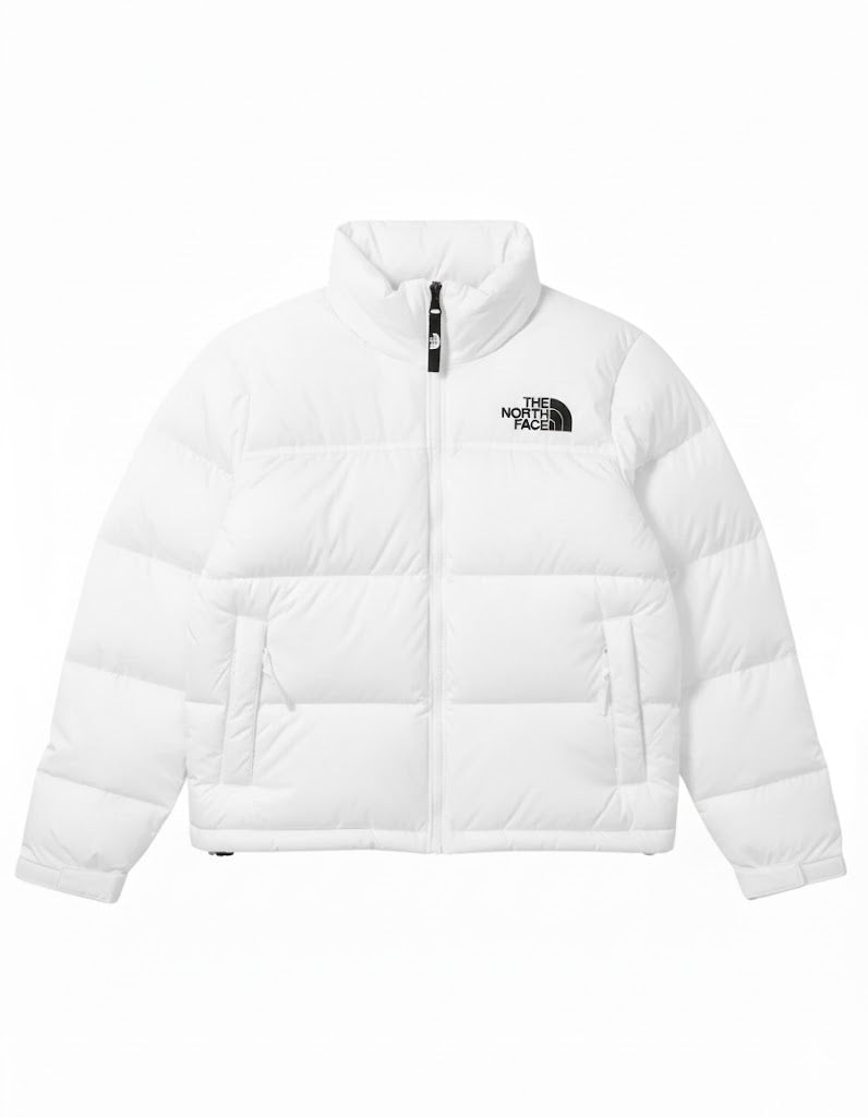 White puffer jacket with brand logo on a white background