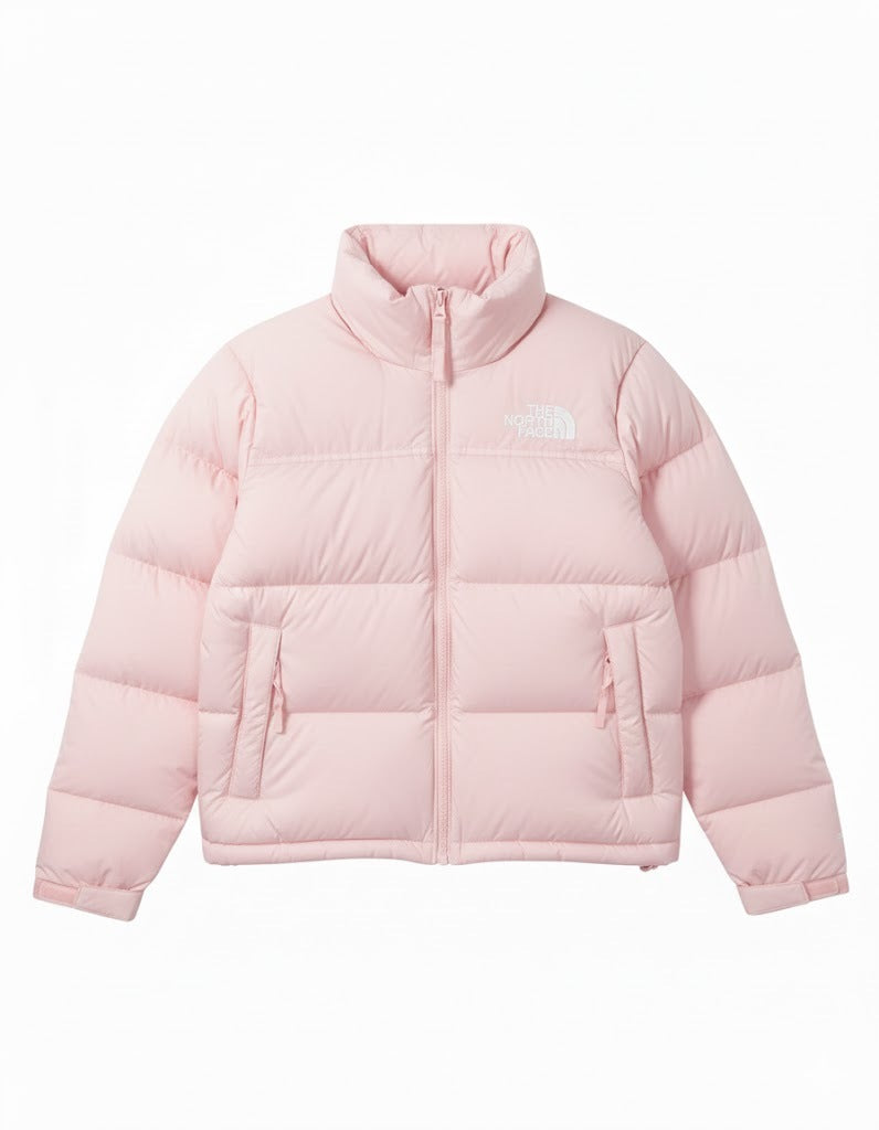 Pink puffer jacket with brand logo on a white background