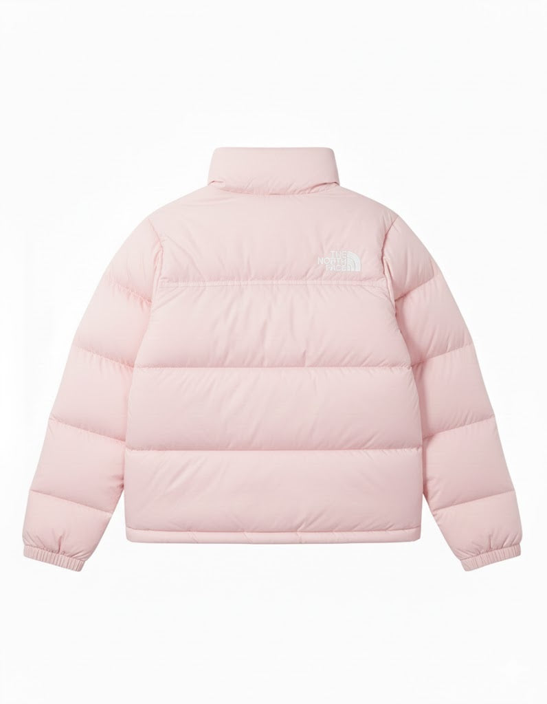 Pink puffer jacket with brand logo on a white background