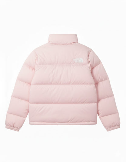 Pink puffer jacket with brand logo on a white background