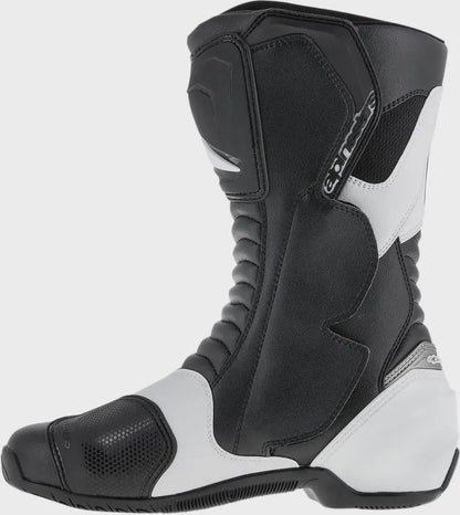 Black and white motorcycle boot on a light gray background