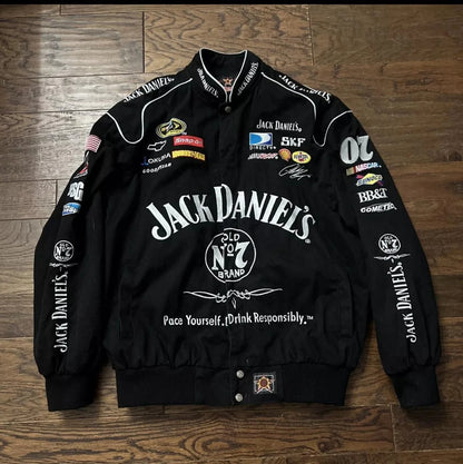 Black jacket with Jack Daniel's branding on a wooden surface