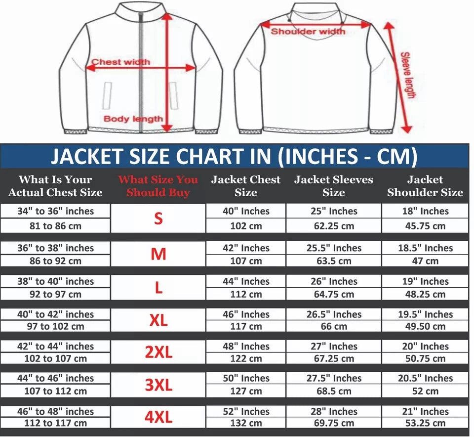 Jacket size chart in inches and centimeters with measurements for chest, shoulder, sleeve, and body length.