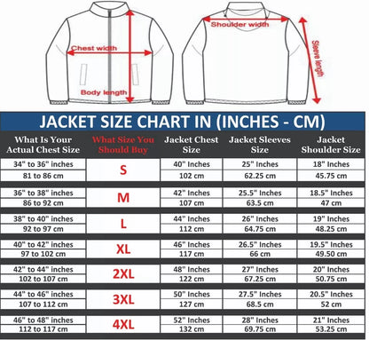 Jacket size chart in inches and centimeters with measurements for chest, shoulder, sleeve, and body length.