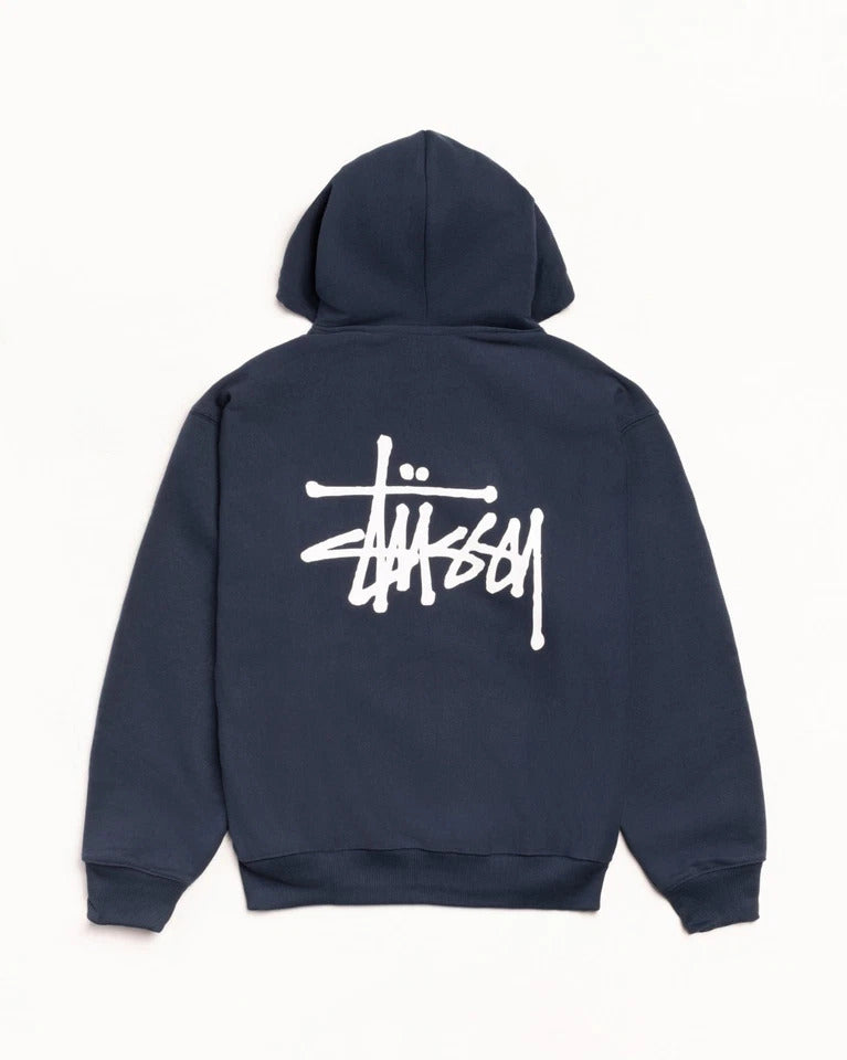 Navy hoodie with white logo on the back on a white background