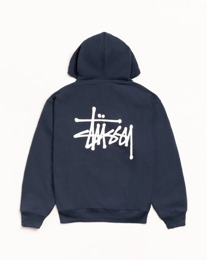 Navy hoodie with white logo on the back on a white background
