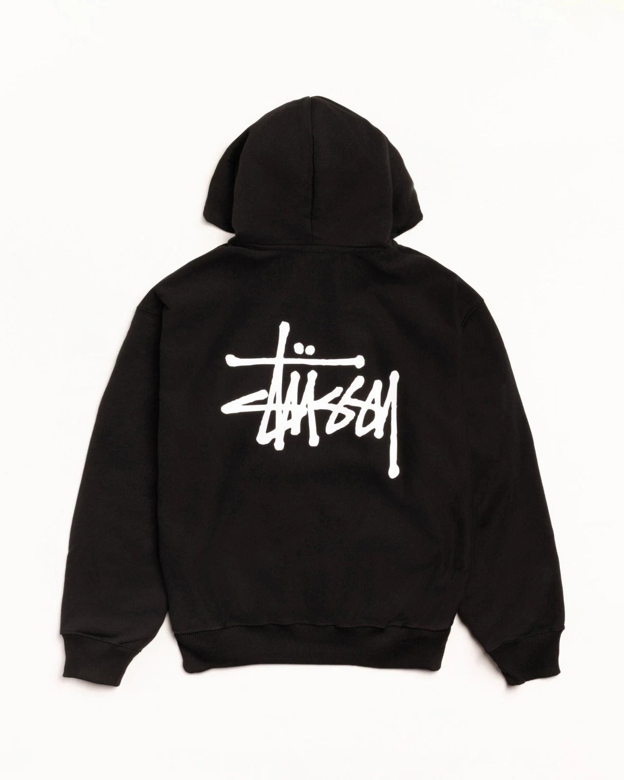 Black hoodie with white logo on the back on a white background