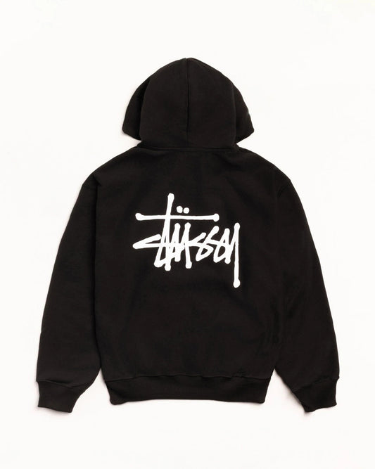 Black hoodie with white logo on the back on a white background