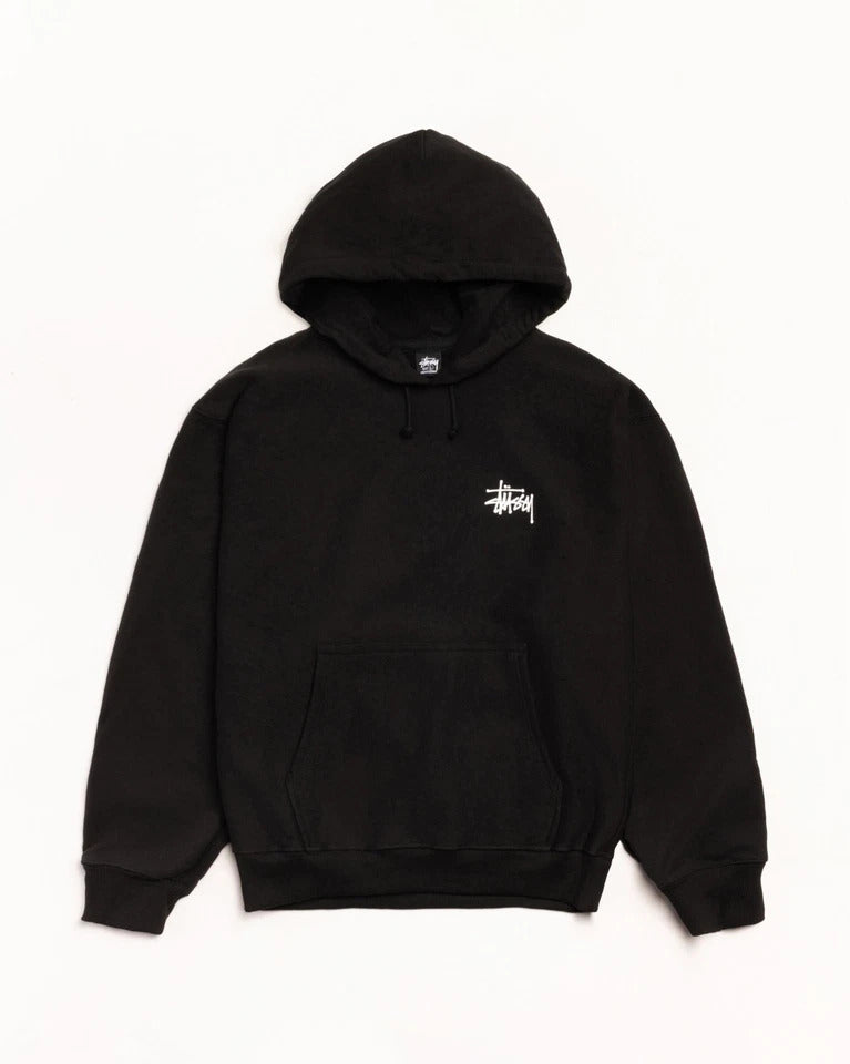 Black hoodie with a small logo on the chest against a white background