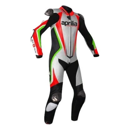 Motorcycle racing suit with Aprilia branding on a white background
