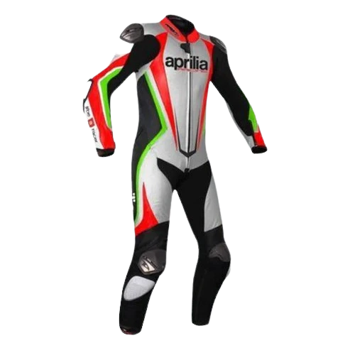 Motorcycle racing suit with Aprilia branding on a white background