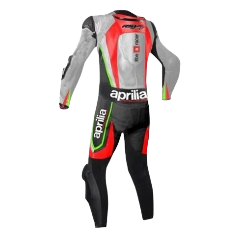 Motorcycle racing suit with Aprilia branding on a white background