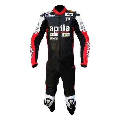 Motorcycle racing suit with Aprilia branding on a white background