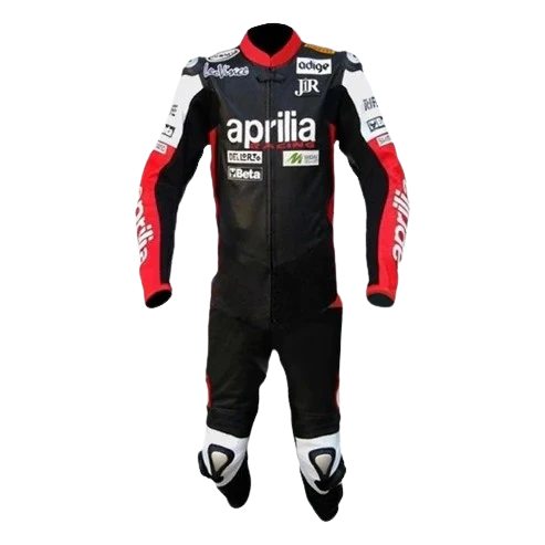 Motorcycle racing suit with Aprilia branding on a white background