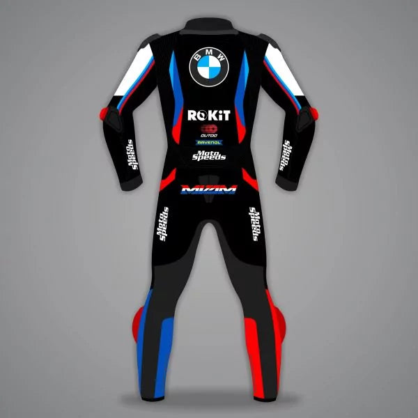Black racing suit with multiple brand logos on a gray background