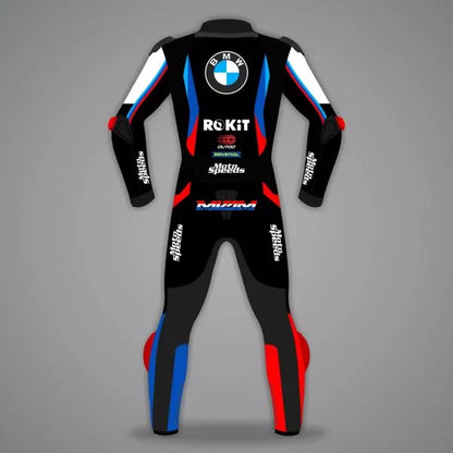 Black racing suit with multiple brand logos on a gray background