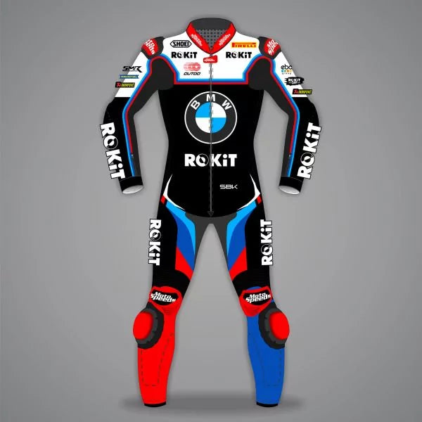 Motor racing suit with BMW and ROKIT branding on a gray background