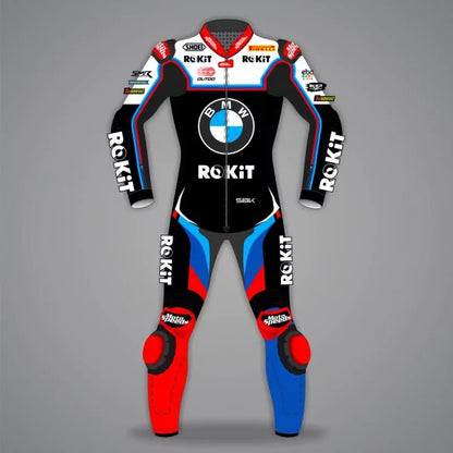Motor racing suit with BMW and ROKIT branding on a gray background