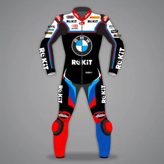 Motor racing suit with BMW and ROKIT branding on a gray background