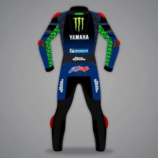 Motorcycle racing suit with various brand logos on a gray background