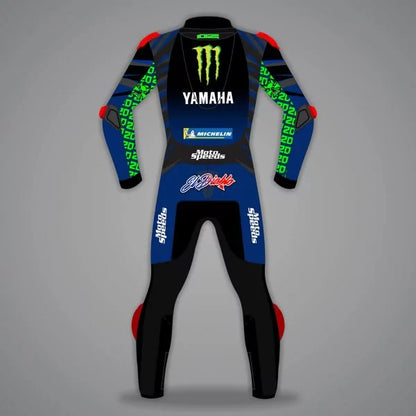 Motorcycle racing suit with various brand logos on a gray background