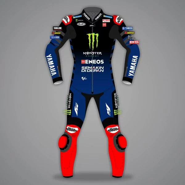 Motorcycle racing suit with multiple brand logos on a gray background