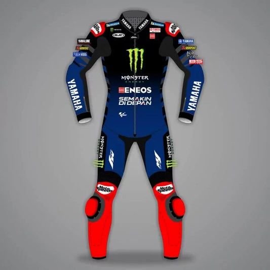 Motorcycle racing suit with multiple brand logos on a gray background