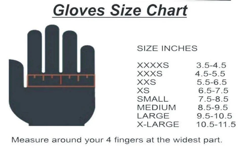 Gloves size chart with hand illustration and measurement guide