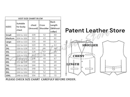 Vest size chart with measurements and 'Patent Leather Store' branding.