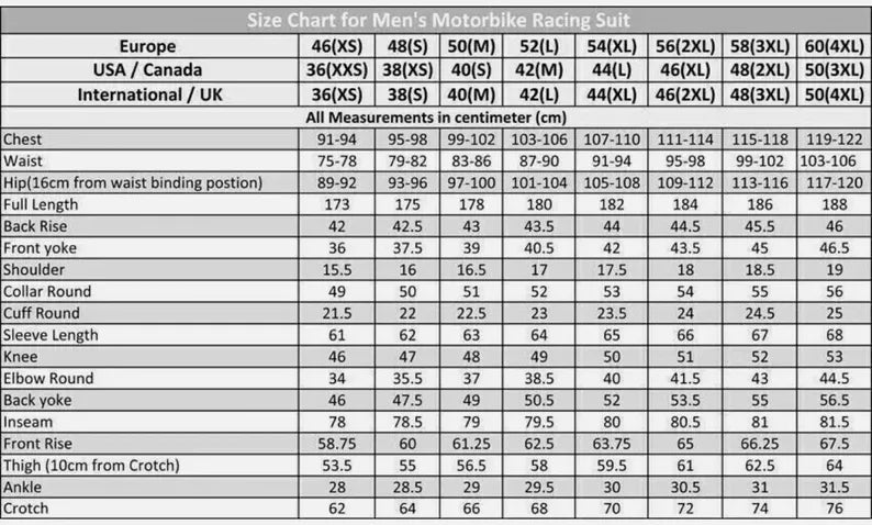 Size chart for men's motorcycle racing suit with measurements in centimeters.