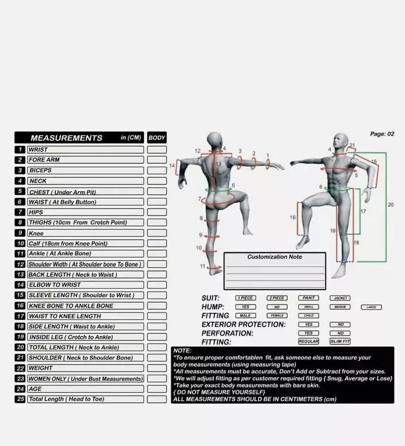 Body measurement chart with illustrations of a person and labels for various body parts.