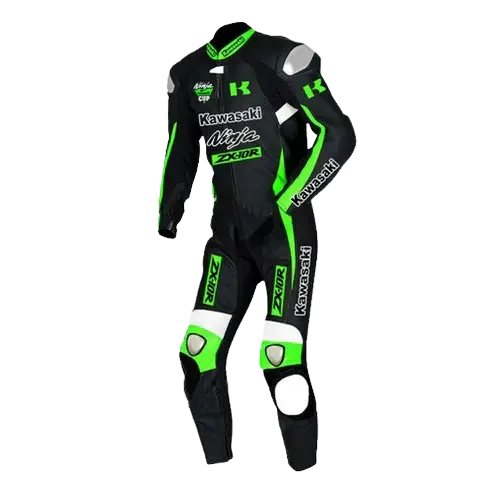 Black and green motorcycle racing suit with Kawasaki branding on a white background