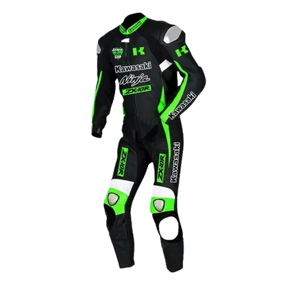 Black and green motorcycle racing suit with Kawasaki branding on a white background