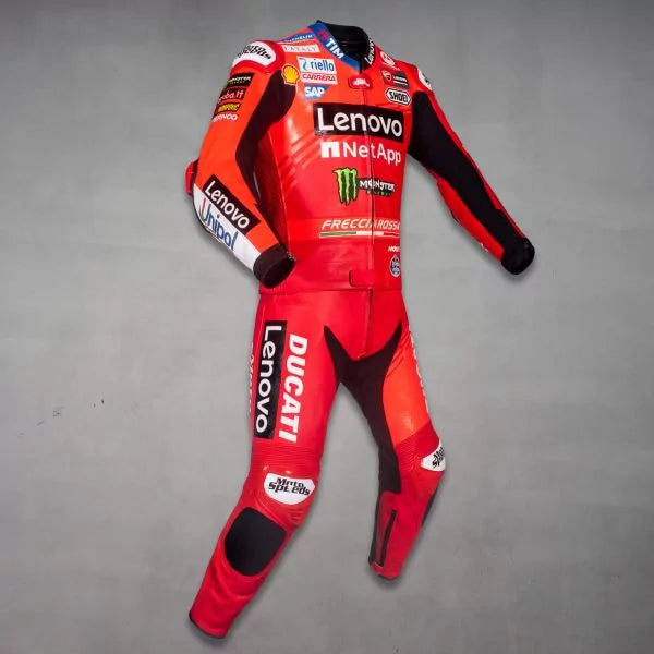 Red motorcycle racing suit with Lenovo and Ducati branding on a gray background