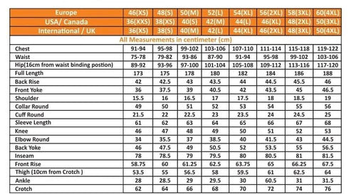 Measurement chart comparing Europe, USA/Canada, and International/UK sizes with corresponding measurements.