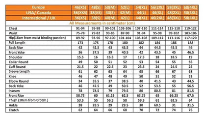 Measurement chart comparing Europe, USA/Canada, and International/UK sizes with corresponding measurements.