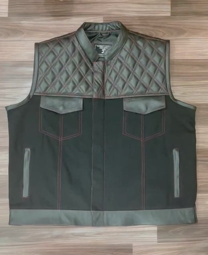 Men's Biker Vest Hunt Club Leather Diamond Quilted Motorcycle Denim Style Vest - Free Shipping
