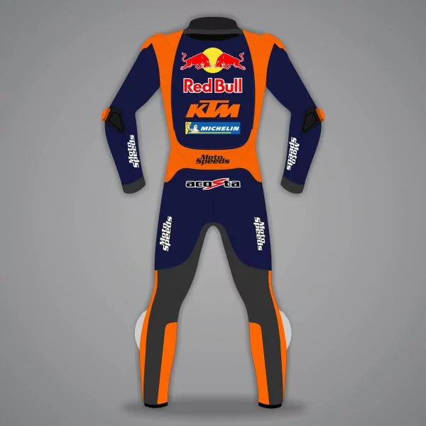 Racing suit with Red Bull and KTM branding on a gray background