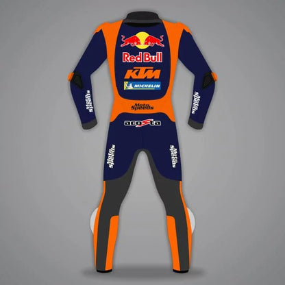Racing suit with Red Bull and KTM branding on a gray background