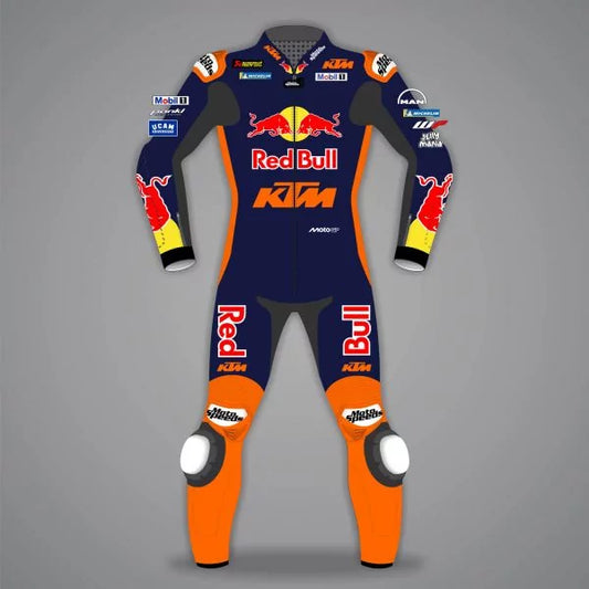 Motorcycle racing suit with Red Bull and KTM branding on a gray background