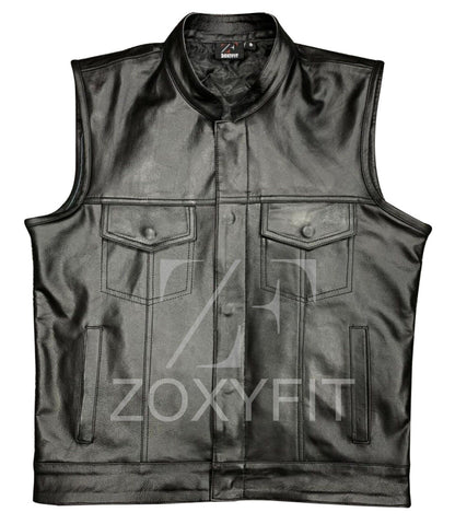 Men’s Black Leather Biker Vest – Sleeveless Motorcycle Riding Club Vest | ZoxyFit